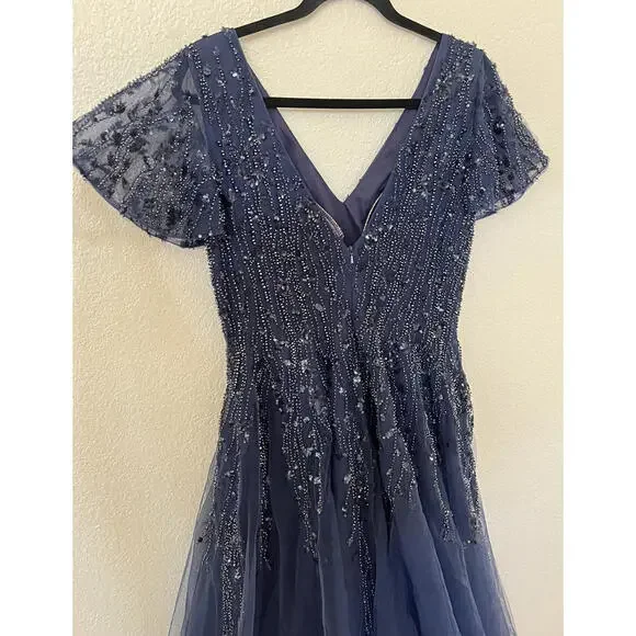 New Mac Duggal EMBELLISHED FLUTTER SLEEVE TEA-LENGTH DRESS In Midnight Sz 6 $598 - Picture 7 of 9